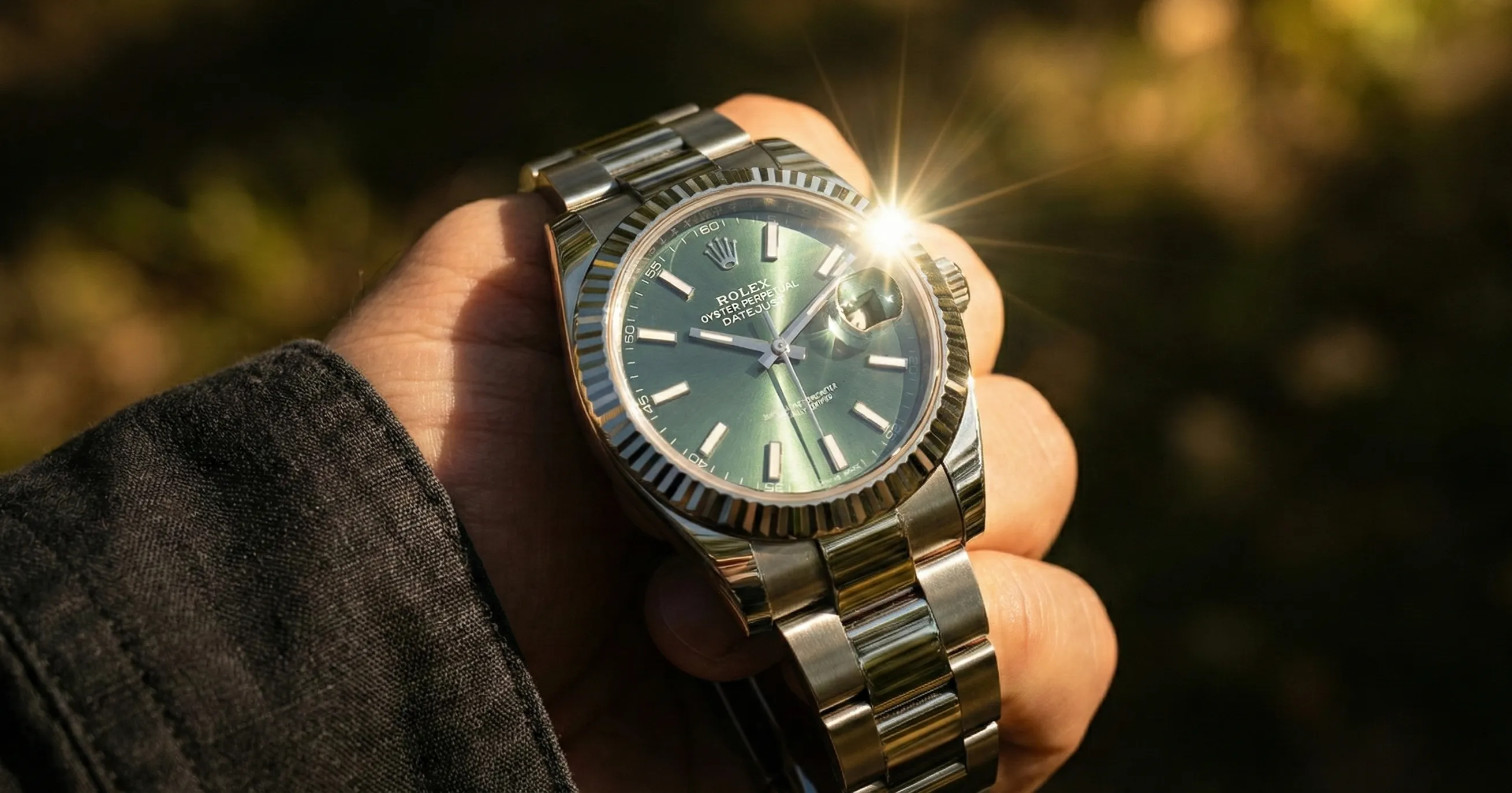 Horlogeglas datejust weerkaatst in zonlicht