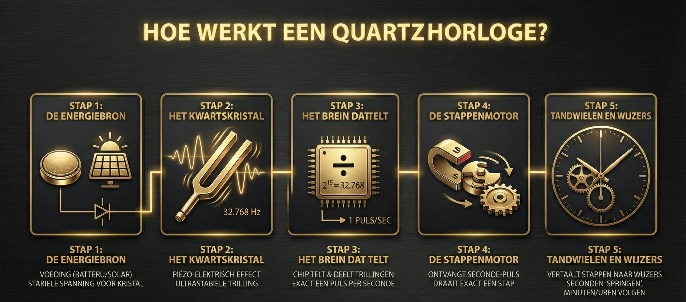 Infographic werking quartz horloge