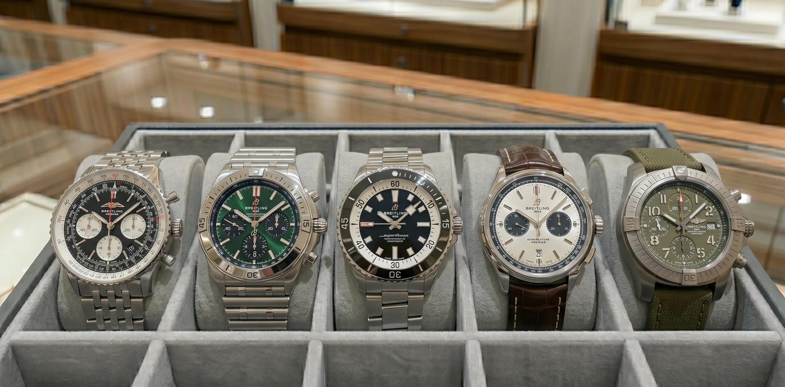 Breitling horloges op een rij