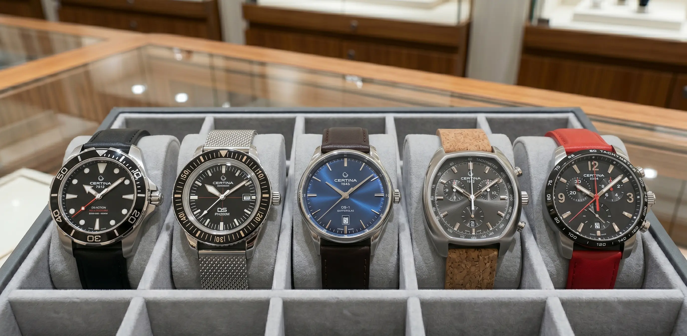 Certina horloges op een rij