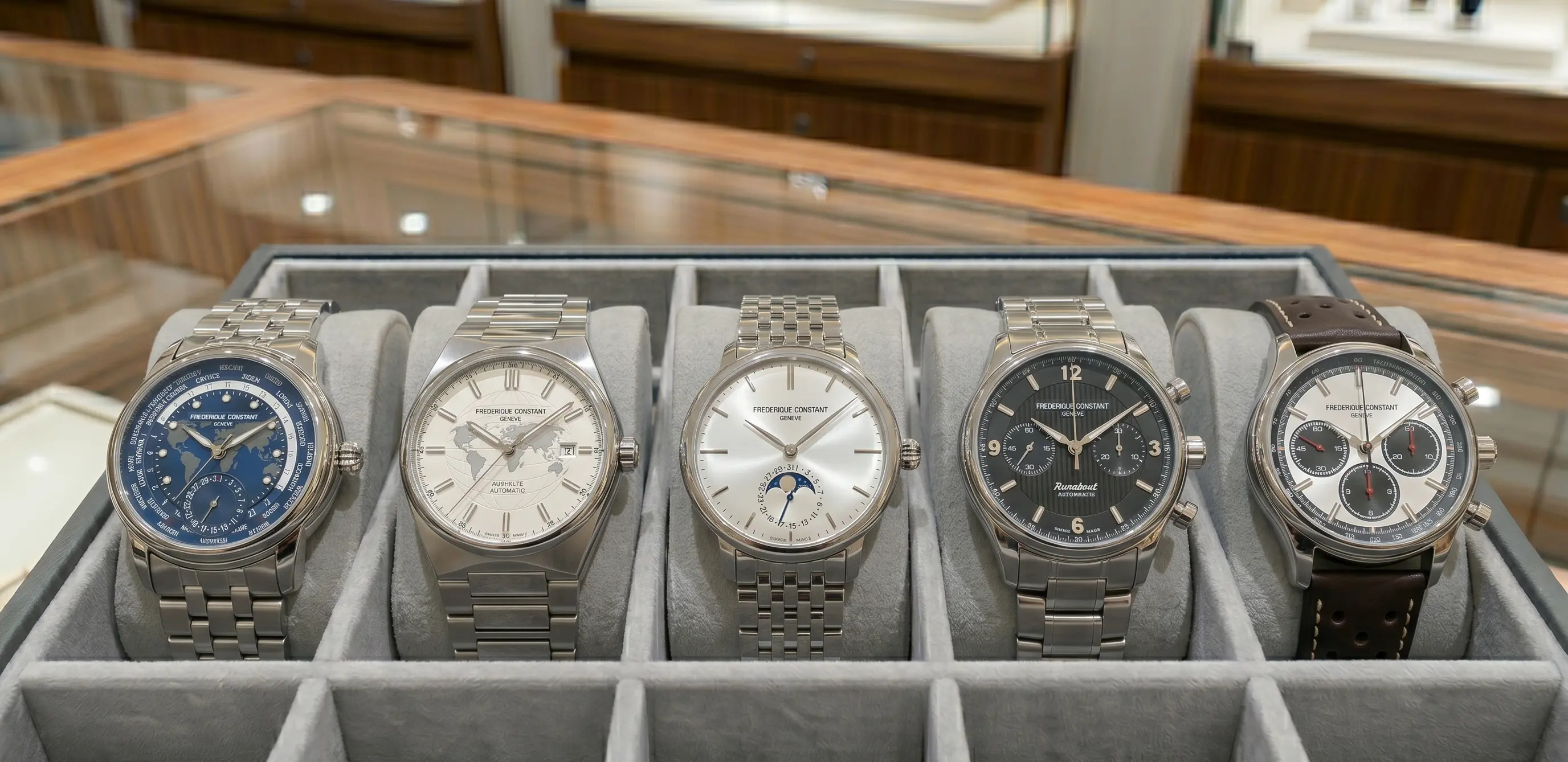 Frederique constant horloges op een rij