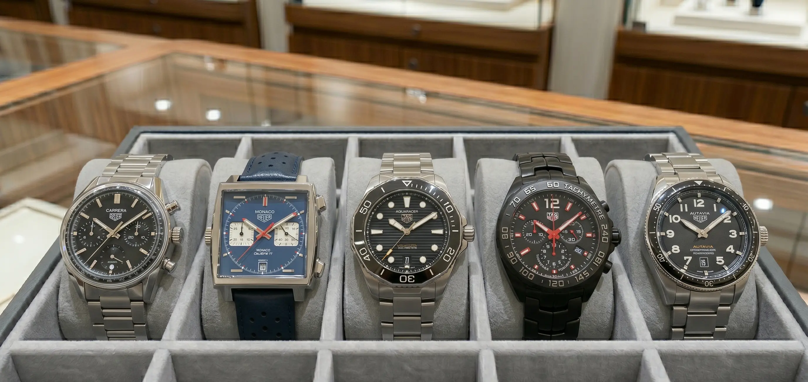 TAG Heuer horloges op een rij