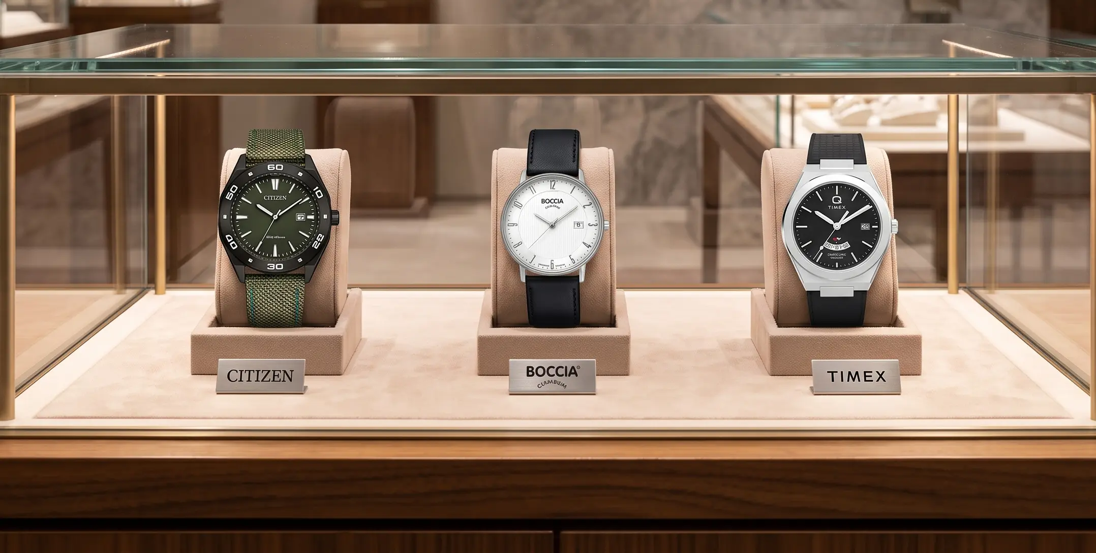 Citizen Boccia en Timex horloge naast elkaar in vitrine
